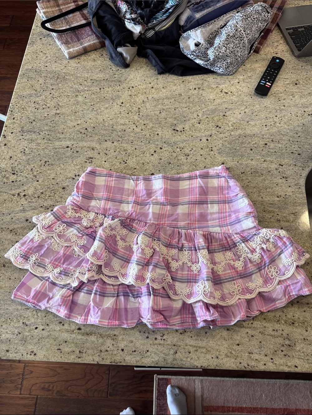 LoveShack Fancy Pink & Purple Plaid Ruffled Mini Skirt with Lace Trim